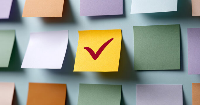 Yellow sticky note with red check mark among colorful blank sticky notes on light blue background in organized grid pattern