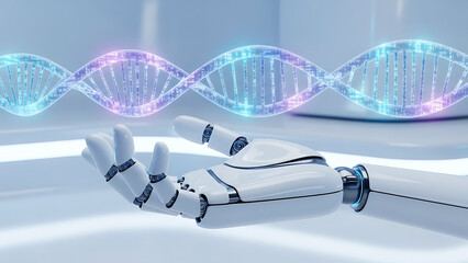 Robotic hand holding a glowing DNA helix with digital data robot hand genetic