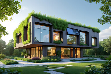 Modern eco friendly house with green roof and lush landscaping