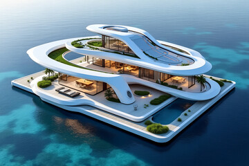 Futuristic modern floating house architecture in ocean water