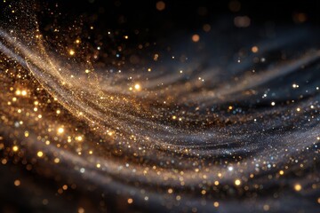 Golden glitter dust floating on dark background with shiny reflection on stage floor