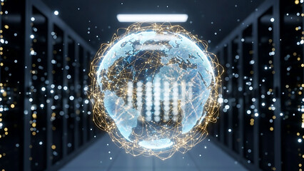 Digital globe with network connections in a server room earth world