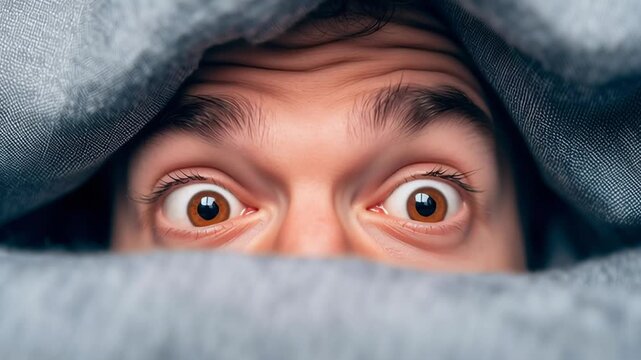A man with brown hair and brown eyes is looking at the camera with a surprised expression. He is wearing a gray blanket and he is hiding behind it