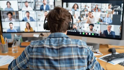 A man wearing headphones is sitting in front of two computer monitors, one of which is displaying a group of people. The man is focused on the screen, possibly working or attending a virtual meeting