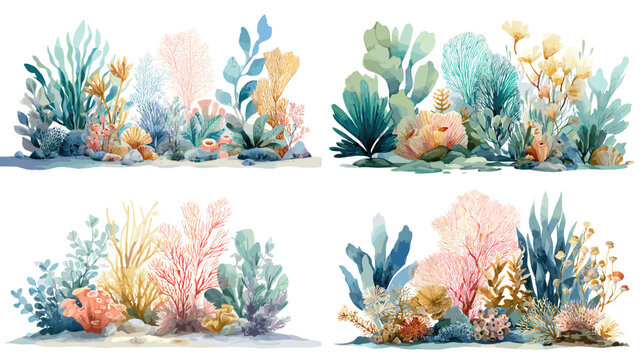 Vibrant watercolor coral reef illustrations featuring sea plants, soft corals, and tropical underwater foliage. Ideal for marine design, ocean themes, nature artwork, and aquatic decor.