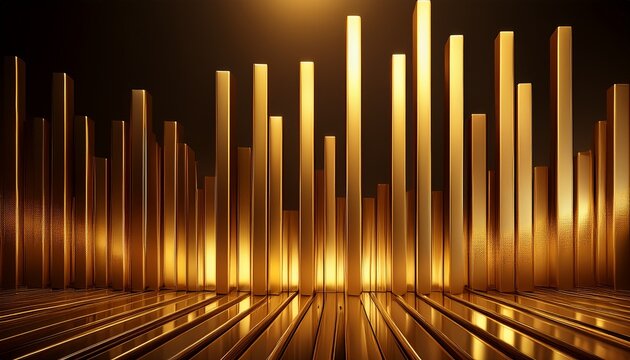abstract graphic design depicting vertical gold toned bars against a dark backdrop bars vary in height creating a sense of rhythmic flow soft glowing light accentuates the bars adding depth
