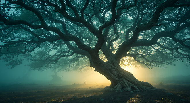 Mystical tree with a dreamy light in a foggy forest landscape