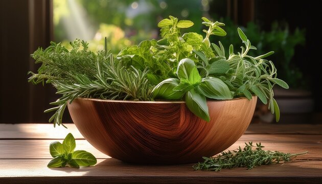 fresh culinary herbs in wooden bowl displaying rustic charm and natural appeal