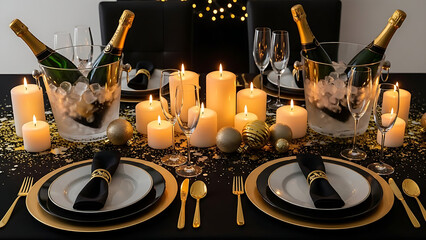 Elegant New Year&rsquo;s Eve Table Setting in Black and Gold