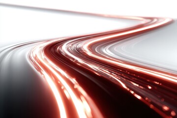 Abstract glowing red light trails create dynamic energy on a dark background, suggesting speed, innovation, and futuristic concepts