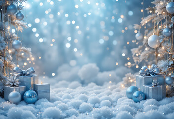 Christmas presents and ornaments in a winter wonderland scene