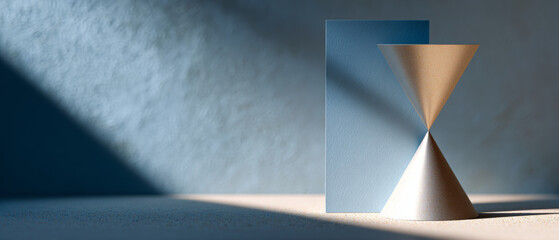 Minimalist composition with geometric shapes including a cone and rectangular block casting shadows on textured surface under soft lighting