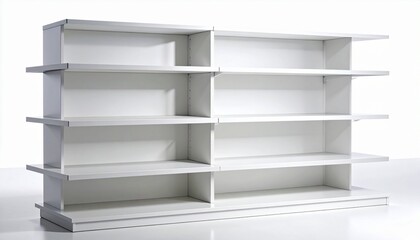 Multi-tiered white shelving unit with symmetrical empty shelves on light surface and neutral background