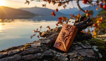 Artistic USB flash drive with carved wood and silver metal resting on green moss with natural contrast