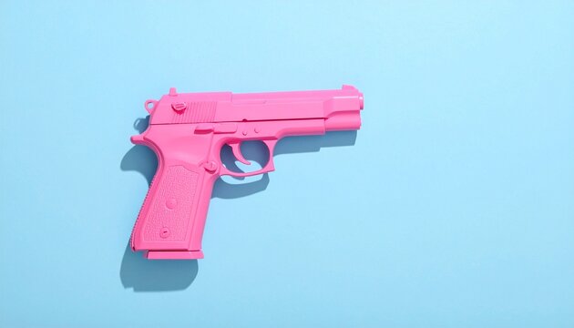 Pink handgun placed on light blue background with strong contrast and stylized composition