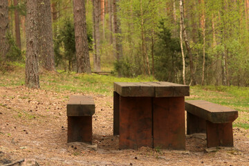 Retro-style wooden table and benches as a cozy place for a picnic in a pine forest.