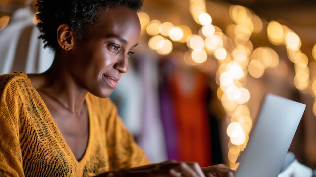 Woman comparing clothing colors on laptop screen, warm and soft daylight, bokeh background, 