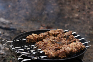 Grilled pork kebab with spices on hot charcoal. Top view on a round black grill.