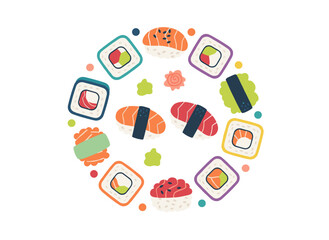 A square background framed with hand‑drawn images of various Japanese sushi and rolls, featuring a special offer, in a colored illustration for an Asian restaurant advertisement