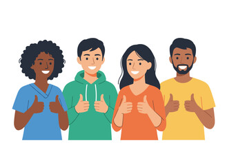 Fototapeta premium Joyful people pointing at you; an enthusiastic group with a smiling man and women gesture with their fingers, selecting and choosing in an inviting manner; a flat vector illustration set against a