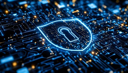 Digital shield icon with a keyhole symbol glowing brightly over a complex circuit board with illuminated data streams representing online protection and cybersecurity concepts