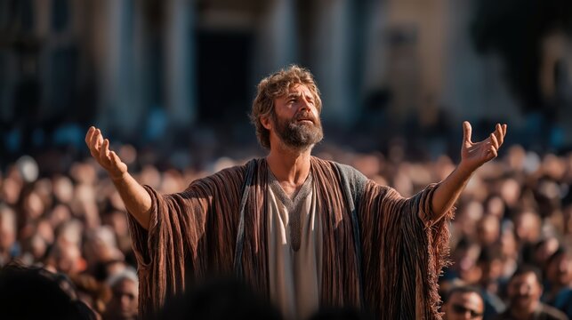Jonah preaching in the streets of Nineveh, his raised hands calling a city to repentance as sunlight and wind underscore the urgency of his God-given message.