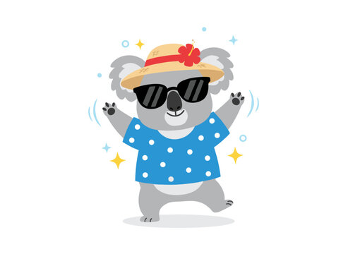 A cute koala dancing happily, an adorable childlike character in a funny hat, a kawaii bear radiating joy and positivity, all shown in a flat vector illustration for nursery children on a white