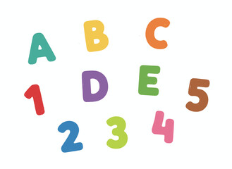 Naklejka premium A childlike hand‑drawn Latin or English alphabet, adorned with scribbles or scrawls, featuring colored letters arranged alphabetically and isolated numbers on a white background, rendered as a vector