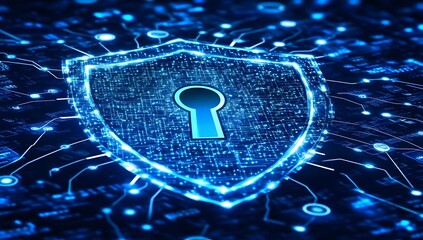 Digital shield with a glowing keyhole symbolizing data protection and network security in a futuristic abstract technological background with glowing blue circuits and nodes