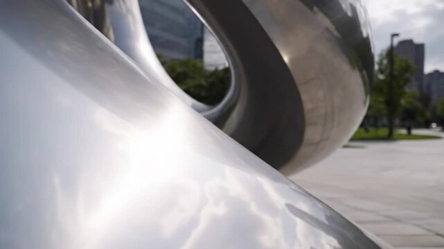 Reflective metallic sculpture with sky and city reflections in an urban park