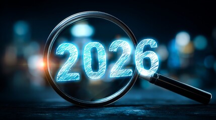 Looking forward to 2026 with optimism and clarity with a bright future ahead, using magnifying glass to focus on the future year