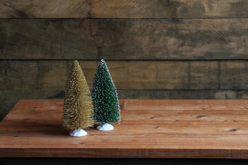 Miniature christmas trees creating rustic holiday decoration