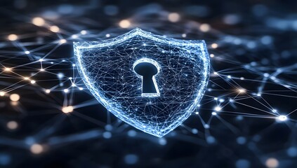 Digital shield with glowing keyhole symbol representing cybersecurity and data protection in a connected network environment