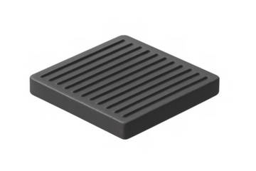 Square metal drain grate with parallel bars, illustrating water drainage system and ventilation on transparent background