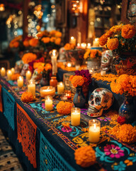 Fototapeta premium Traditional Day of the Dead altar with marigolds, candles, sugar skulls, and papel picado