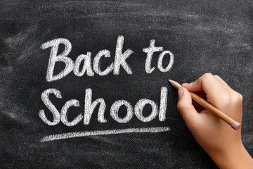 Back to school announcement drawn with chalk on chalkboard, buildings, science sketches and office supplies
