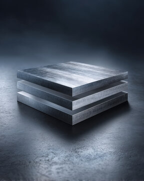 Brushed chrome layered steps block on matte graphite floor with smoke grey background
