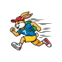 Cartoon Rabbit Character Running Fast with Backpack and Cap.