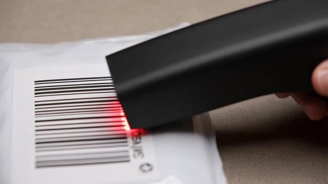 A person is using a handheld scanner to read a barcode on a package in a shipping area. This process is essential for tracking and managing inventory efficiently.