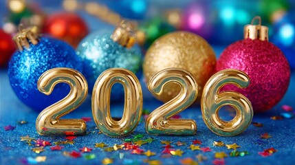 Celebrate a dazzling 2026 New Year with shimmering ornaments and festive confetti, creating a joyful and memorable holiday season atmosphere!
