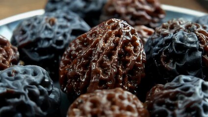 A vivid 4K macro of black raisins showcasing rugged textures deep brown color and natural sweetness providing high quality food visuals suitable for culinary content baking stock footage and