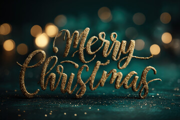 Elegant Merry Christmas script on emerald green to black gradient with gold sparkles