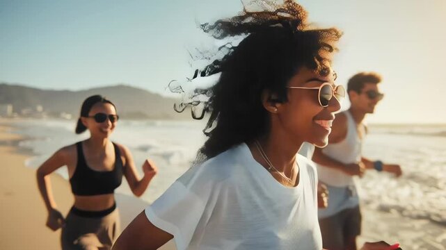 A group of people are running on the beach, with one woman wearing sunglasses and smiling. Scene is joyful and energetic, as the group of people are enjoying their time together while exercising