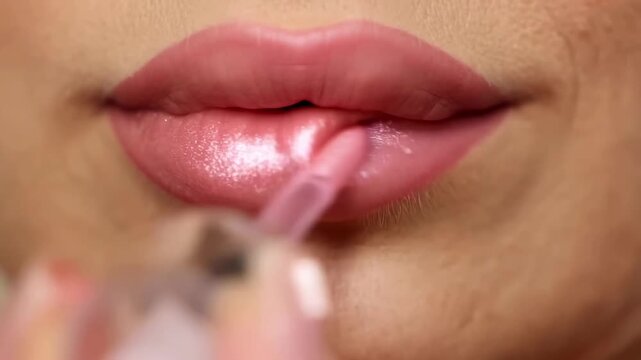 Close-up view of lips being enhanced with a glossy lip color. Showcases a simple makeup application technique, perfect for everyday style at home. Watch the transformation unfold with easy steps.