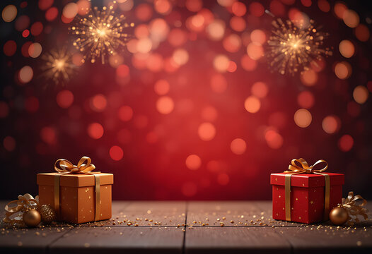 Festive christmas gifts with bokeh lights and sparklers background - Powered by Adobe