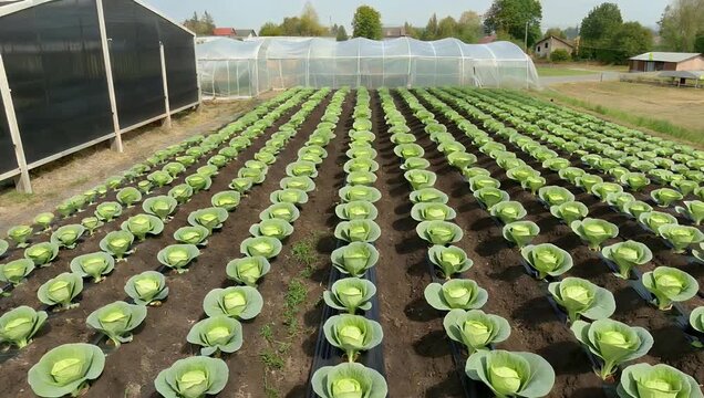 A precise 4K aerial view of a greenhouse farm showing linearly planted green cabbage capturing agricultural patterns springtime growth and organized farming techniques for agricultural stock