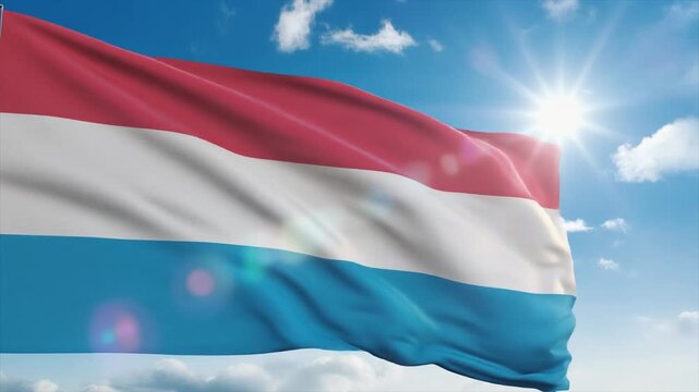 Luxembourg Flag with Red White Blue Stripes Waving in Sunny Sky Keywords: Luxembourg, flag, waving, national symbol, patriotism, freedom, independence, country, nation, European country, Benelux