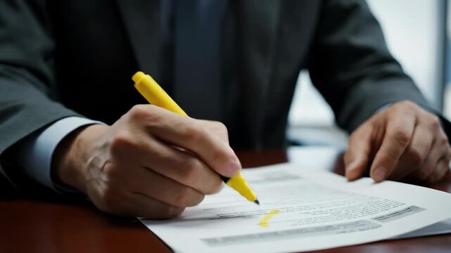 Businessman concentrates on reviewing important documents in a sleek office with city views. Clean desk and stacks of papers enhance professional atmosphere