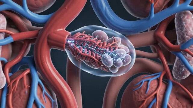 Medical illustration of human kidney structures and blood vessels