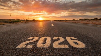 Fototapeta premium Drive into a bright future with the year 2026 painted on a scenic road leading to a glorious sunrise, inspiring hope and new beginnings